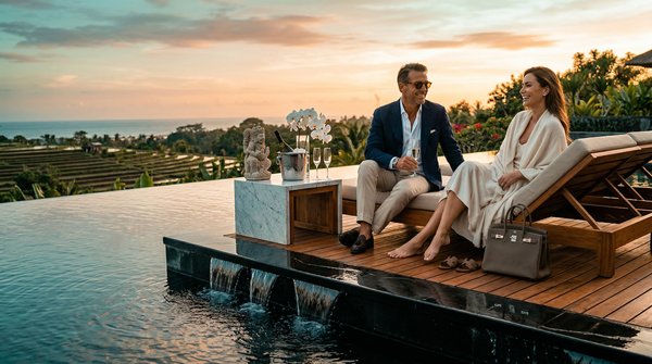 Bali infinity pool golden hour wealthy couple terrace