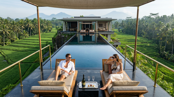 Drone overhead Bali infinity pool private villa symmetry