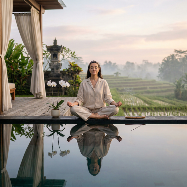 Sunrise meditation at Bali infinity pool luxury retreat