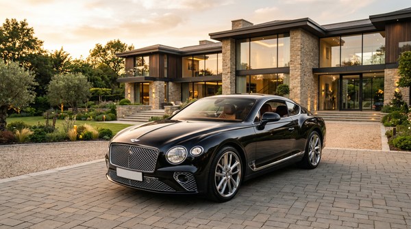 Bentley Continental GT at luxury mansion during golden hour