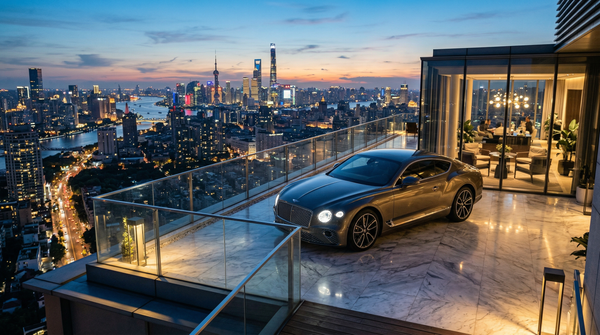 Bentley Continental GT on penthouse terrace with city skyline