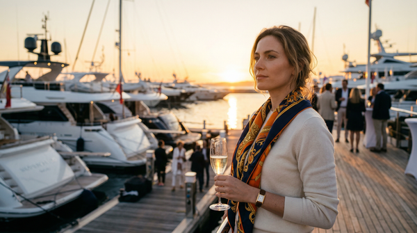 Luxury yacht club dating profile photo in golden hour