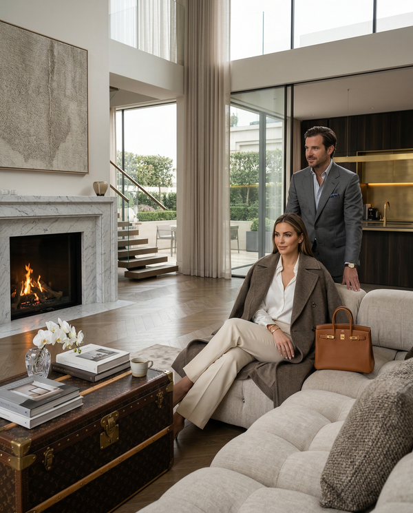 Luxurious Beverly Hills living room with stylish couple and Birkin