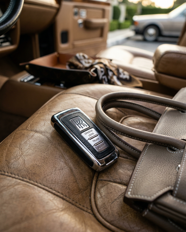 Rolls-Royce key and Hermes Birkin on Connolly leather seat