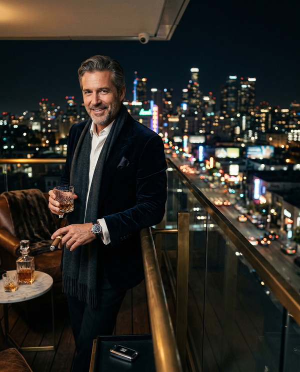 Rooftop night portrait Beverly Hills mansion with cigar
