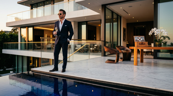 Golden hour Beverly Hills mansion pool terrace with wealthy man