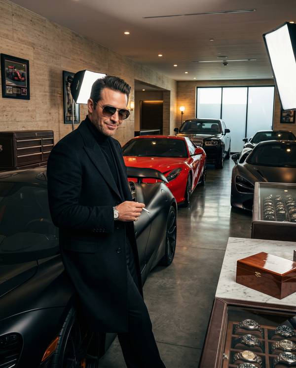 Low-angle portrait of owner with McLaren in Beverly Hills garage