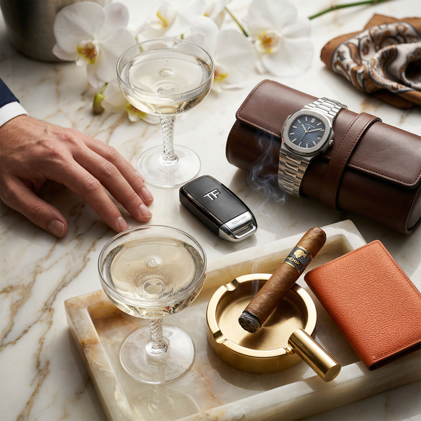 Patek watch and Tom Ford car key on Calacatta marble detail