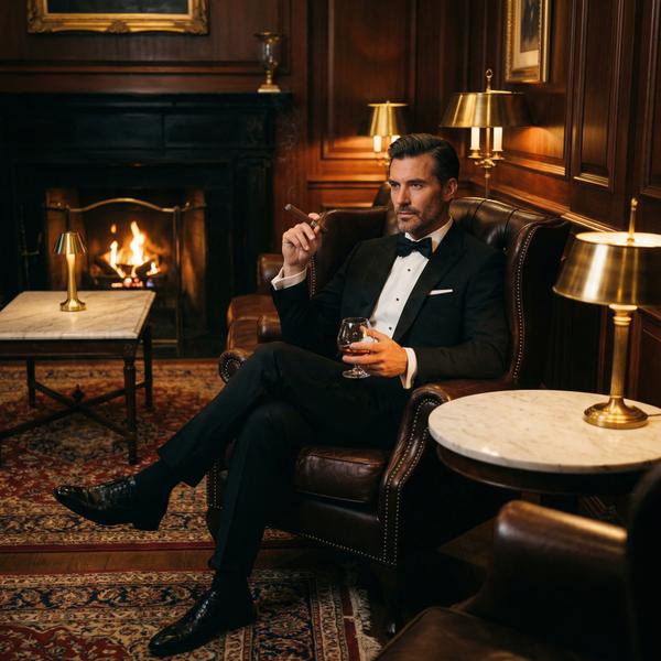 Exclusive lounge featuring fine cigars and cognac for the elite.