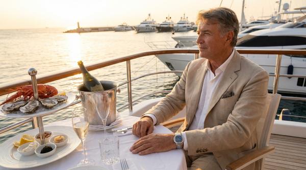 Yacht club feast during golden hour, celebrating opulence and luxury.