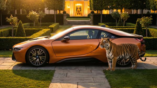 BMW i8 at golden hour, highlighting its luxurious profile and curves