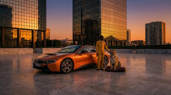 Establishing shot featuring a luxury BMW i8 in a stunning setting