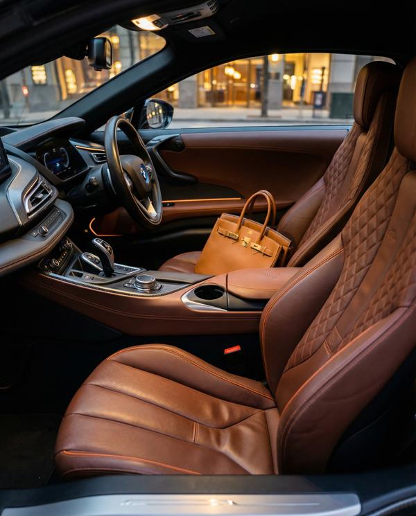 Interior luxury of BMW i8, emphasizing premium materials and design