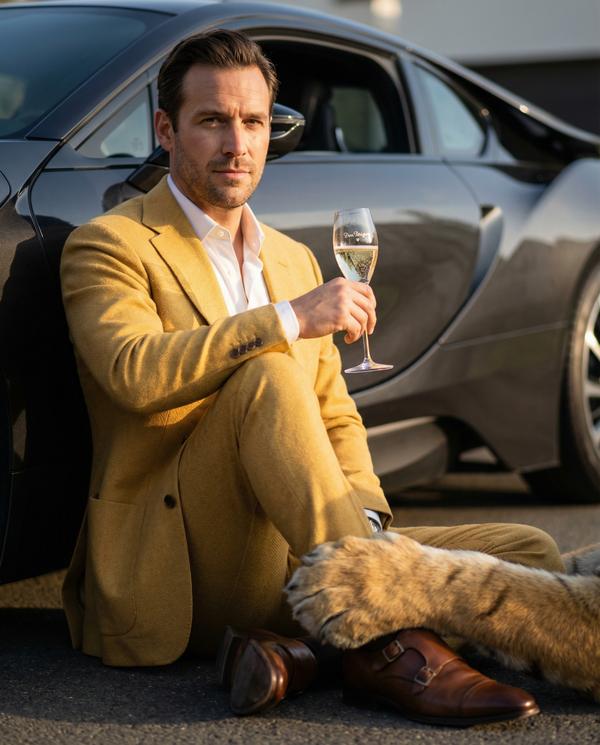 Man admiring BMW i8 detail with a striking tiger nearby, blending luxury