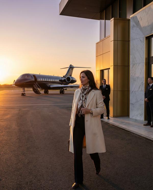 Luxury boarding at private terminal during sunset for Bombardier Global 7500