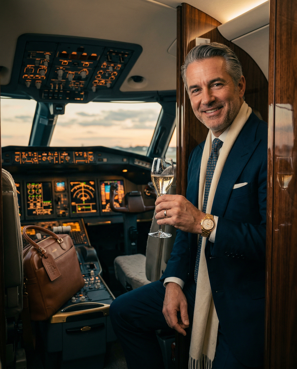 CEO toasting in Bombardier Global 7500 cockpit, Patek and Hermès details