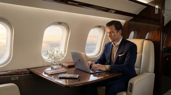 Elegant interior workspace at dawn inside the Bombardier Global 7500