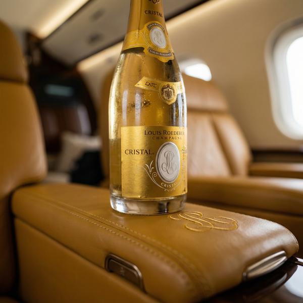 Detail shot of champagne and luxurious leather in Bombardier Global 7500
