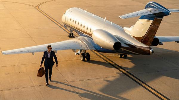 High angle view of Bombardier Global 7500 on tarmac during golden hour