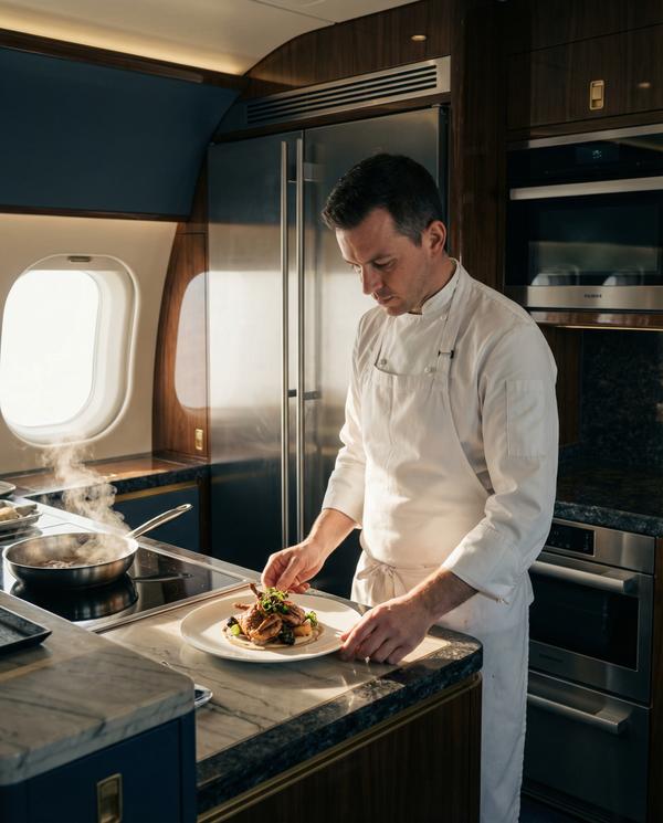 Sunlit galley with chef preparing gourmet meal in Bombardier Global 7500