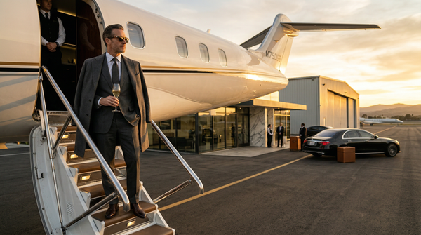 Bombardier Global 7500 boarding at golden hour, Tom Ford suit owner
