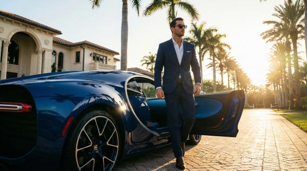 Late afternoon cinema scene featuring Bugatti Chiron and its stylish driver.