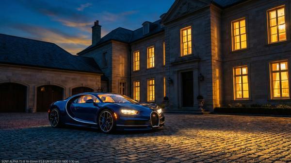 Twilight view of Bugatti mansion illuminated, highlighting luxury and elegance.