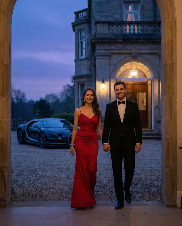 Evening portrait of a couple entering a mansion, with a Bugatti in the background.