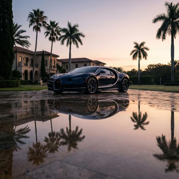 Dawn reflection on a Bugatti, highlighting its stunning design and luxury appeal.