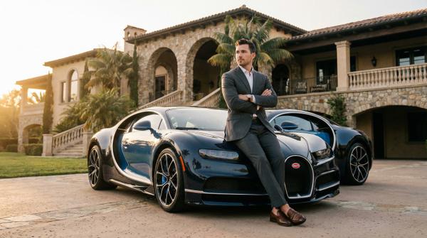 Stylish man posing next to a parked Bugatti, showcasing an affluent lifestyle.