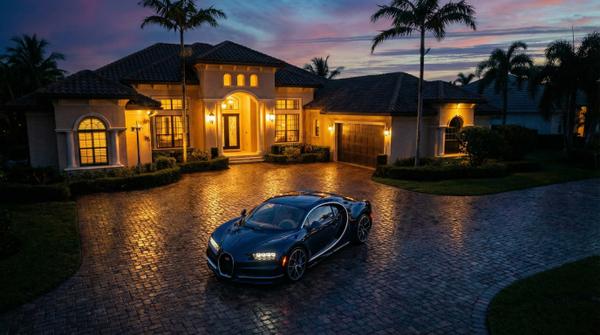 Twilight driveway scene with mansion lights on, featuring a Bugatti in focus.