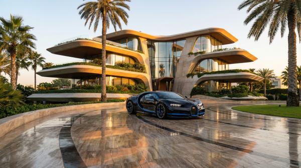 Golden hour establishing shot of mansion, exuding elegance with Bugatti presence.
