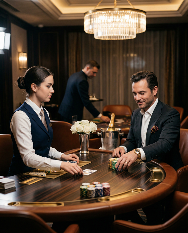 Dealer and high roller exchanging chips at private casino table