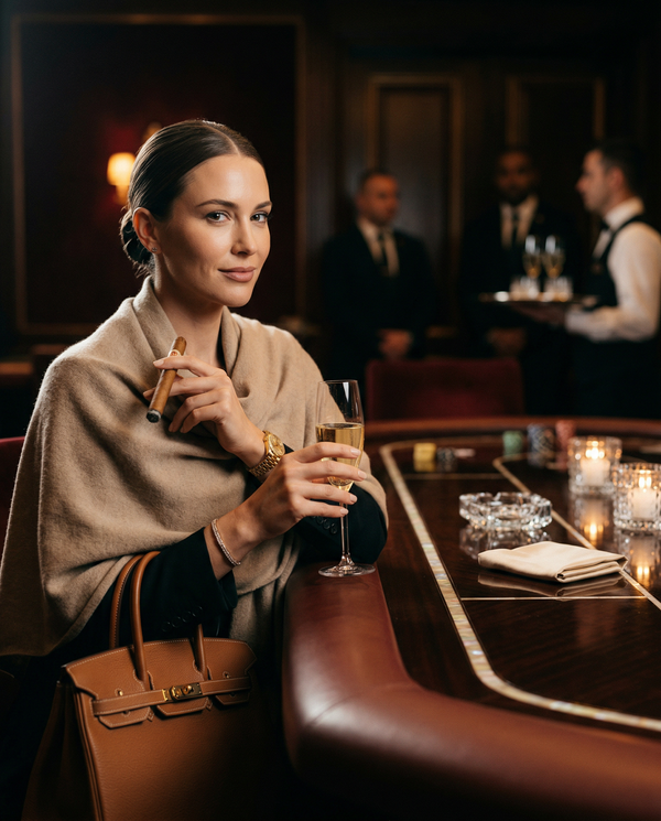 Portrait of female high roller with Birkin and Cristal