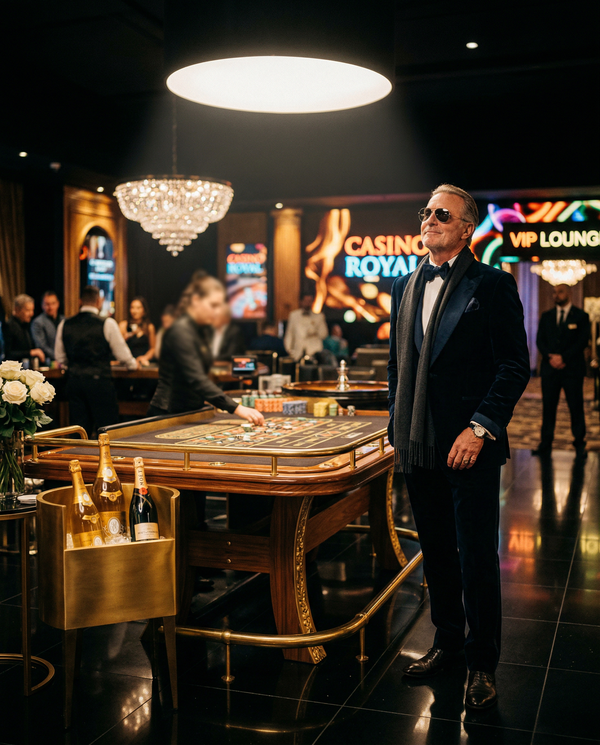 Low-angle hero portrait of a wealthy man at a VIP roulette table
