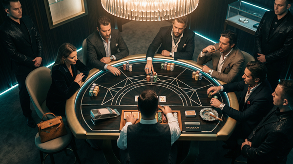 Overhead baccarat table action with high roller stacks and dealers