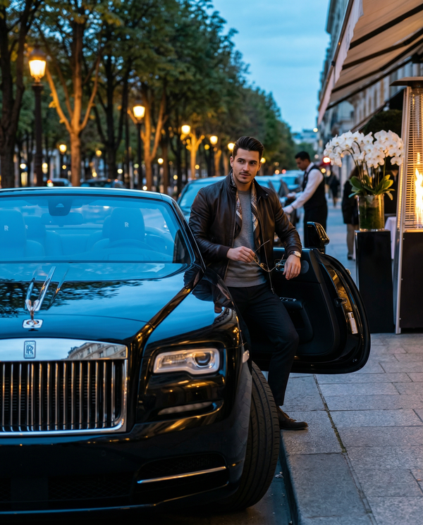 Convertible street portrait with Rolls-Royce and designer leather