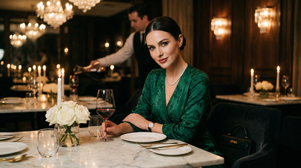 Intimate Michelin dinner portrait in Gucci and diamonds