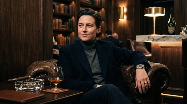 Members club lounge portrait in cashmere and marble