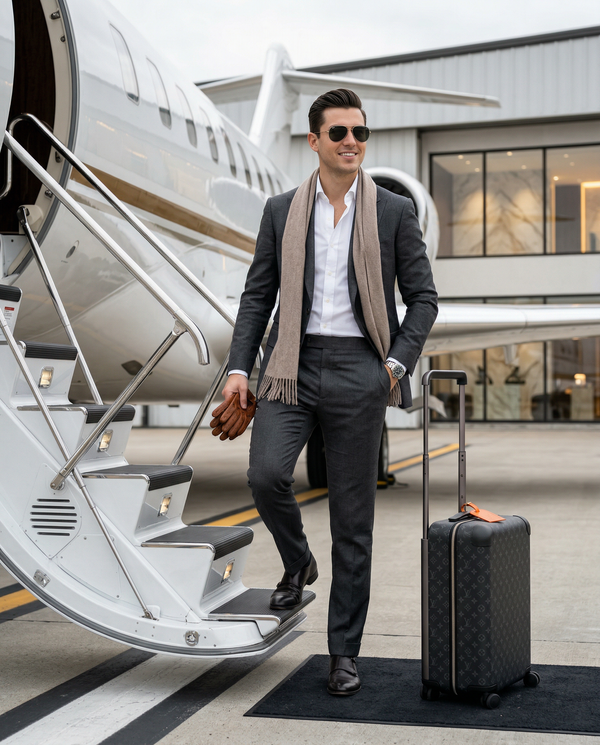 Private jet arrival portrait with designer suit and luggage