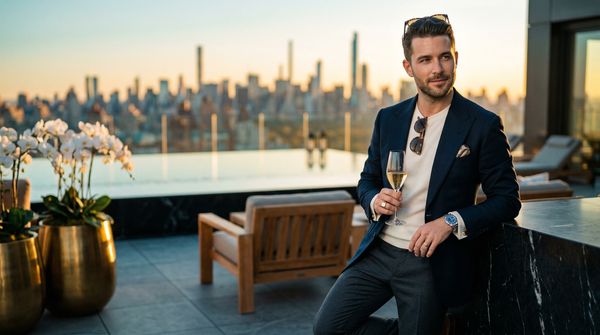 Golden-hour penthouse dating portrait in designer suit