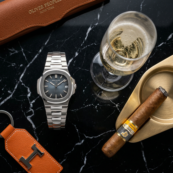 Patek Philippe on marble with Dom Pérignon and cigar