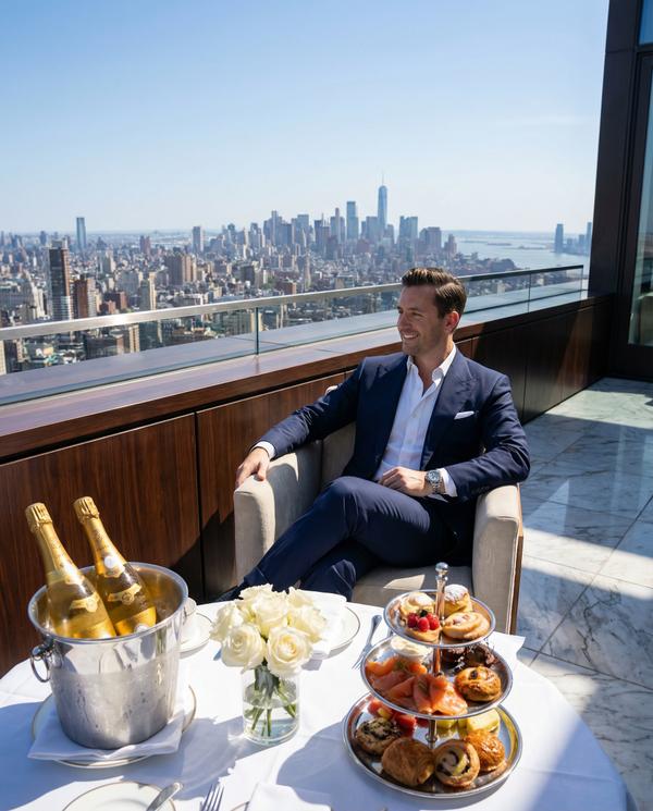 Penthouse brunch with champagne and gourmet delicacies Penthouse brunch with champagne and gourmet delicacies