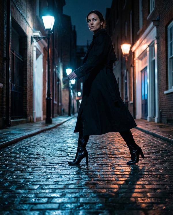 Mysterious alleyway runway showcasing high-end fashion