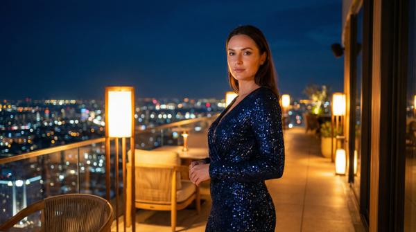 Nighttime cityscape heroine radiating elegance and allure