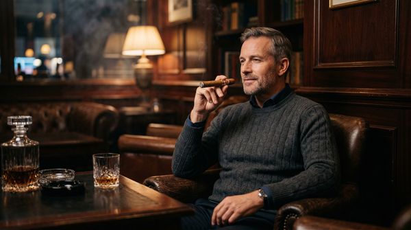 Man savoring cigar in luxury lounge with rich leather decor