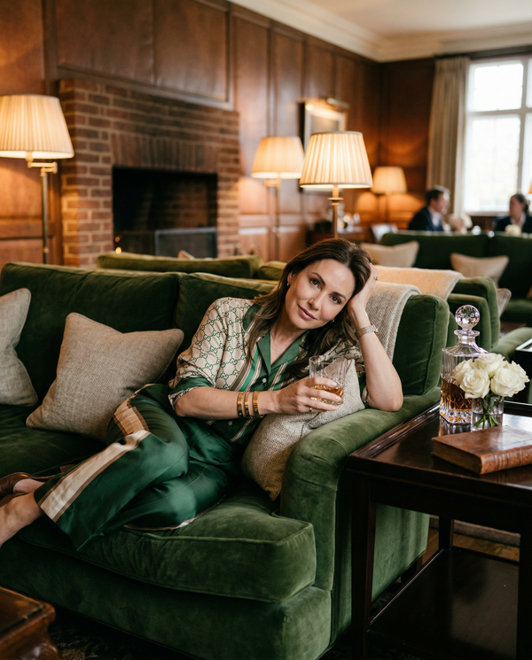 Elegant woman in Gucci attire relaxing in members-only lounge