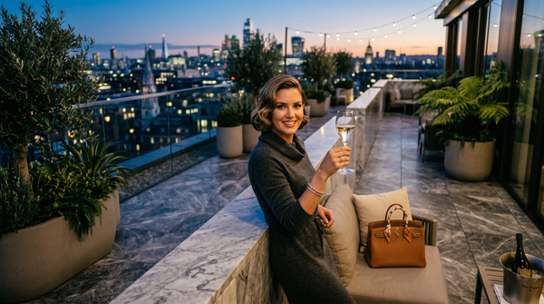 Glamorous woman toasting with champagne on a penthouse terrace