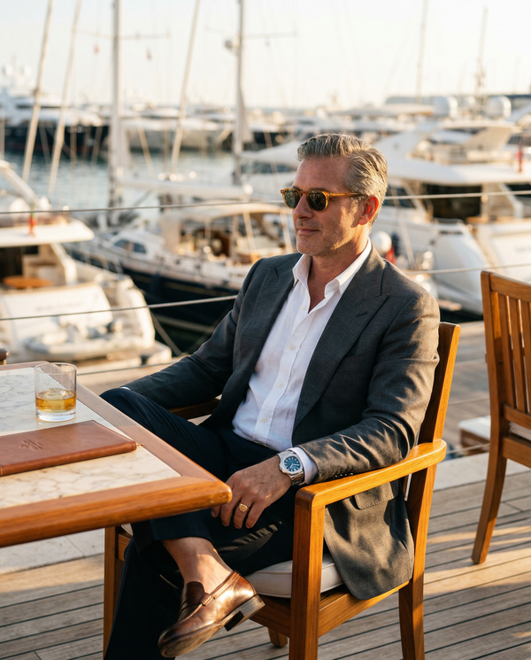 Wealthy man in Tom Ford blazer at yacht club during sunset
