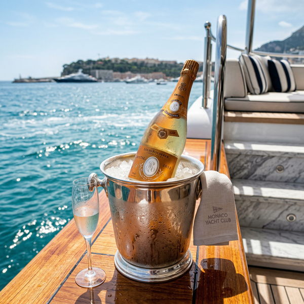 Cristal champagne on yacht deck with polished teak and marble